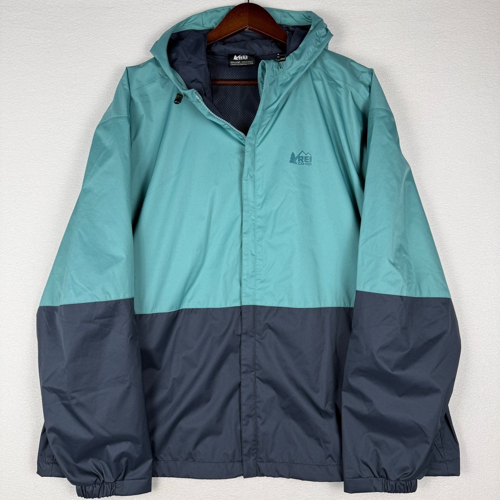 REI Co-op Mens 2XL Teal Navy Blue Hooded Windbreaker Rain Jacket 217438
